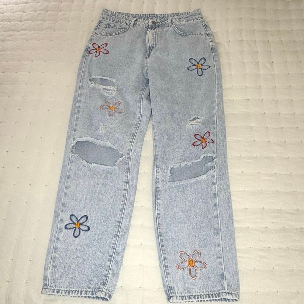 SHEIN Floral Embroidered Jeans Women's 30 High Rise Straight Leg Distressed